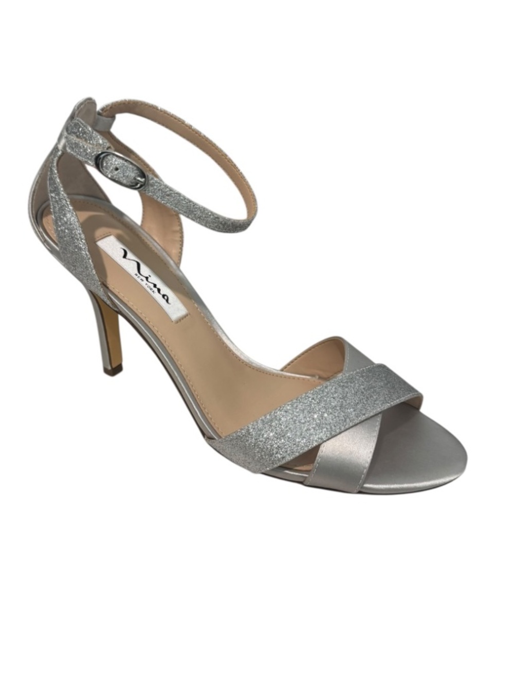 NINA Women's Silver Criss Cross Straps Glitter Open Toe Dress Heel US9 - NWB